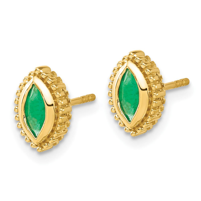 Solid 14k Yellow Gold Marquise Simulated Emerald Post Earrings