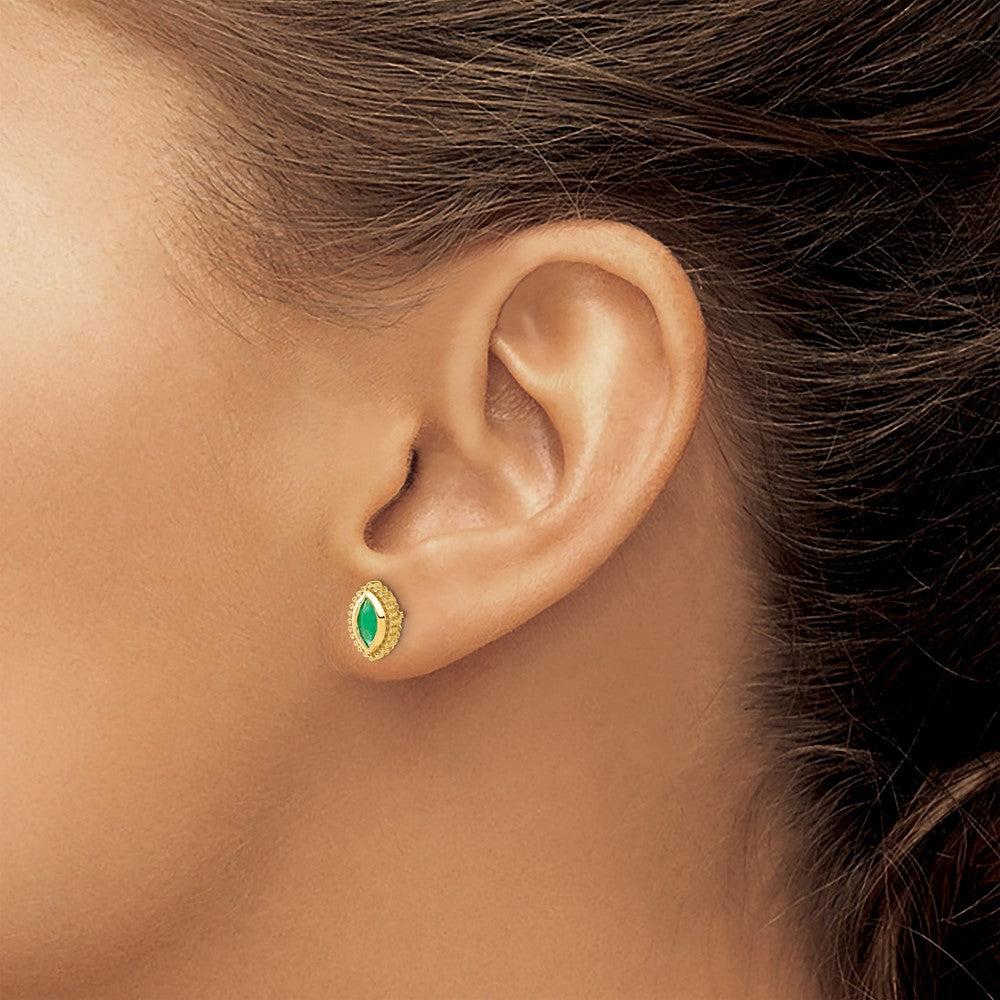 Solid 14k Yellow Gold Marquise Simulated Emerald Post Earrings