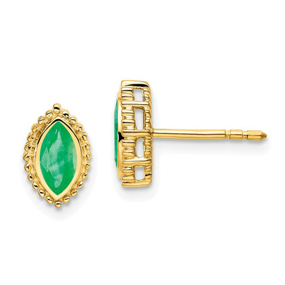 Solid 14k Yellow Gold Marquise Simulated Emerald Post Earrings
