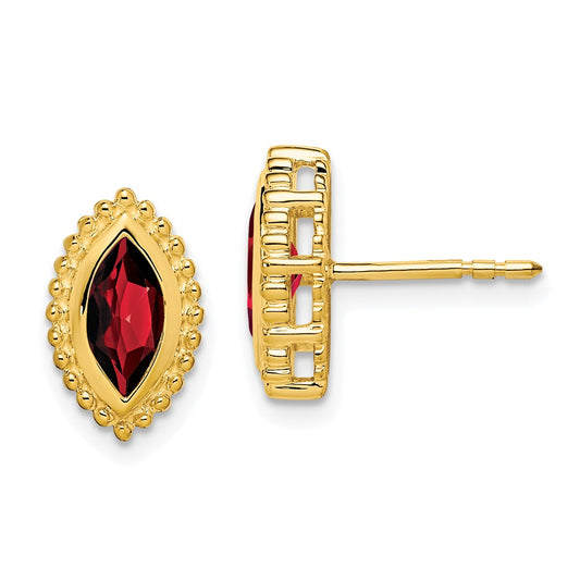 Solid 14k Yellow Gold Marquise Simulated Garnet Post Earrings