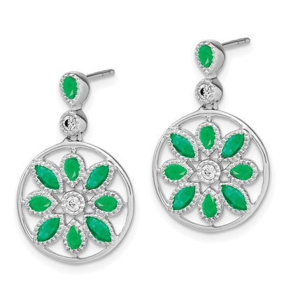 14k White Gold Emerald and Real Diamond Floral Dangle Earrings