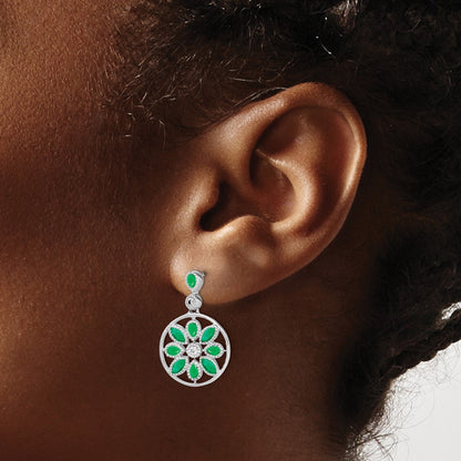 14k White Gold Emerald and Real Diamond Floral Dangle Earrings