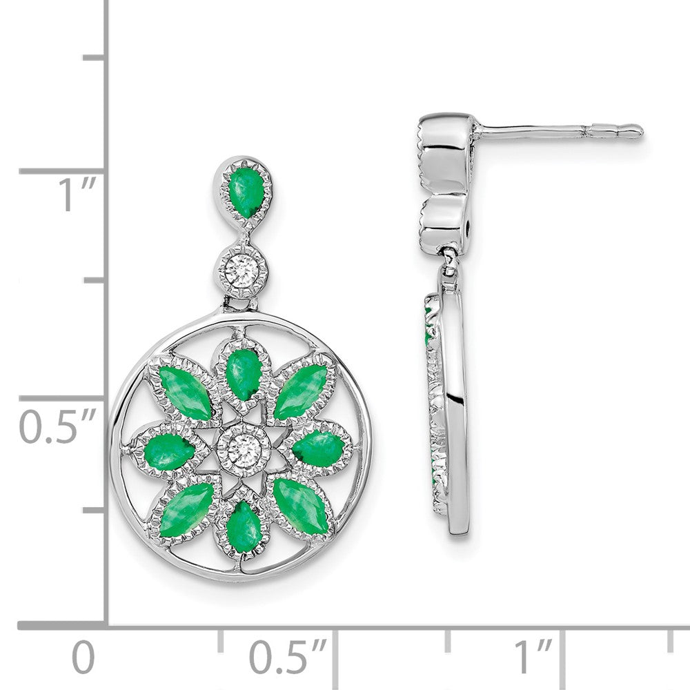 14k White Gold Emerald and Real Diamond Floral Dangle Earrings