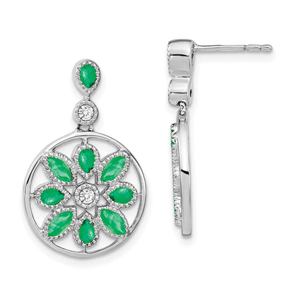 14k White Gold Emerald and Real Diamond Floral Dangle Earrings EM7205-EM-012-WA