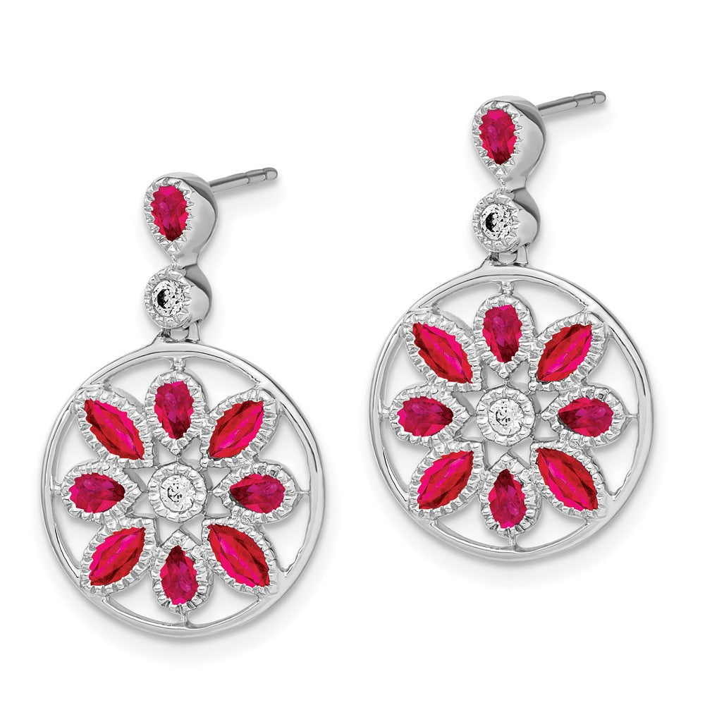 14k White Gold Ruby and Real Diamond Floral Dangle Earrings EM7205-RU-012-WA