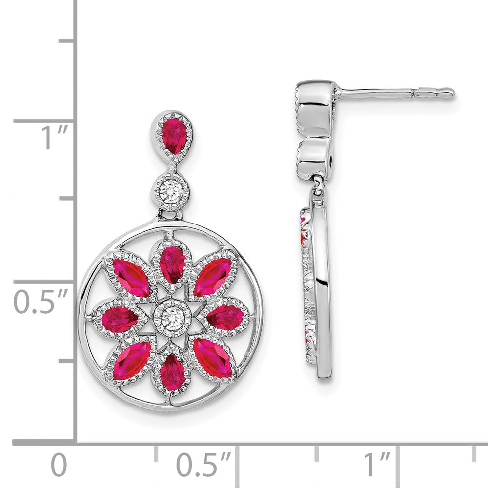 14k White Gold Ruby and Real Diamond Floral Dangle Earrings EM7205-RU-012-WA