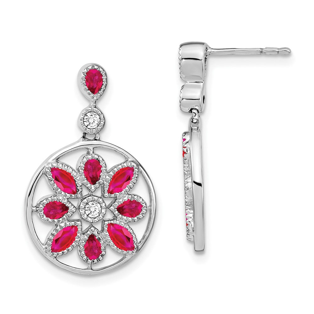 14k White Gold Ruby and Real Diamond Floral Dangle Earrings EM7205-RU-012-WA