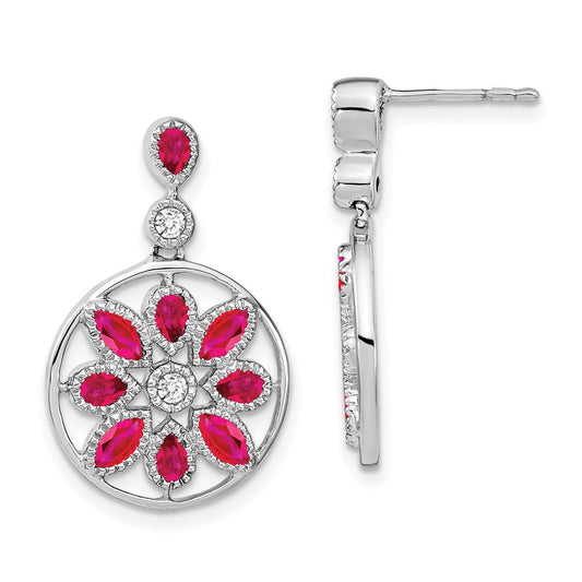 14k White Gold Ruby and Real Diamond Floral Dangle Earrings