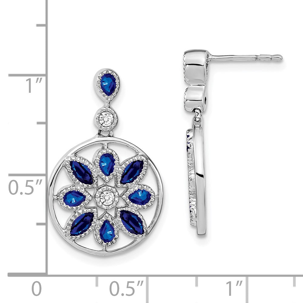 Solid 14k White Gold Simulated Sapphire and CZ Floral Dangle Earrings