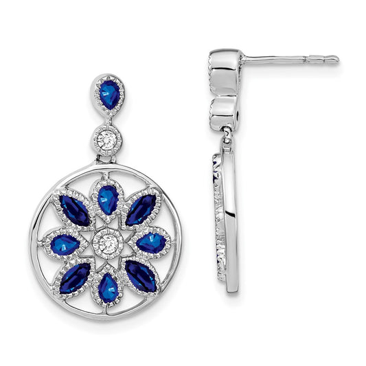 Solid 14k White Gold Simulated Sapphire and CZ Floral Dangle Earrings