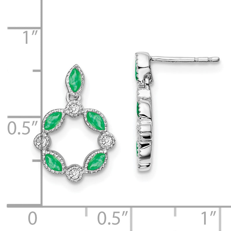 14k White Gold Emerald and Real Diamond Dangle Earrings