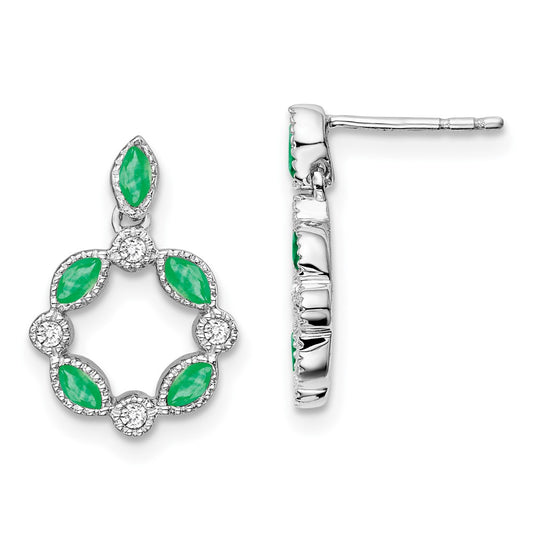 14k White Gold Emerald and Real Diamond Dangle Earrings