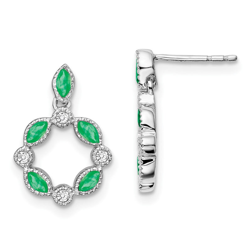 14k White Gold Emerald and Real Diamond Dangle Earrings