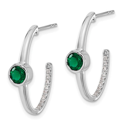 14k White Gold Created Emerald and Real Diamond J-Hoop Earrings