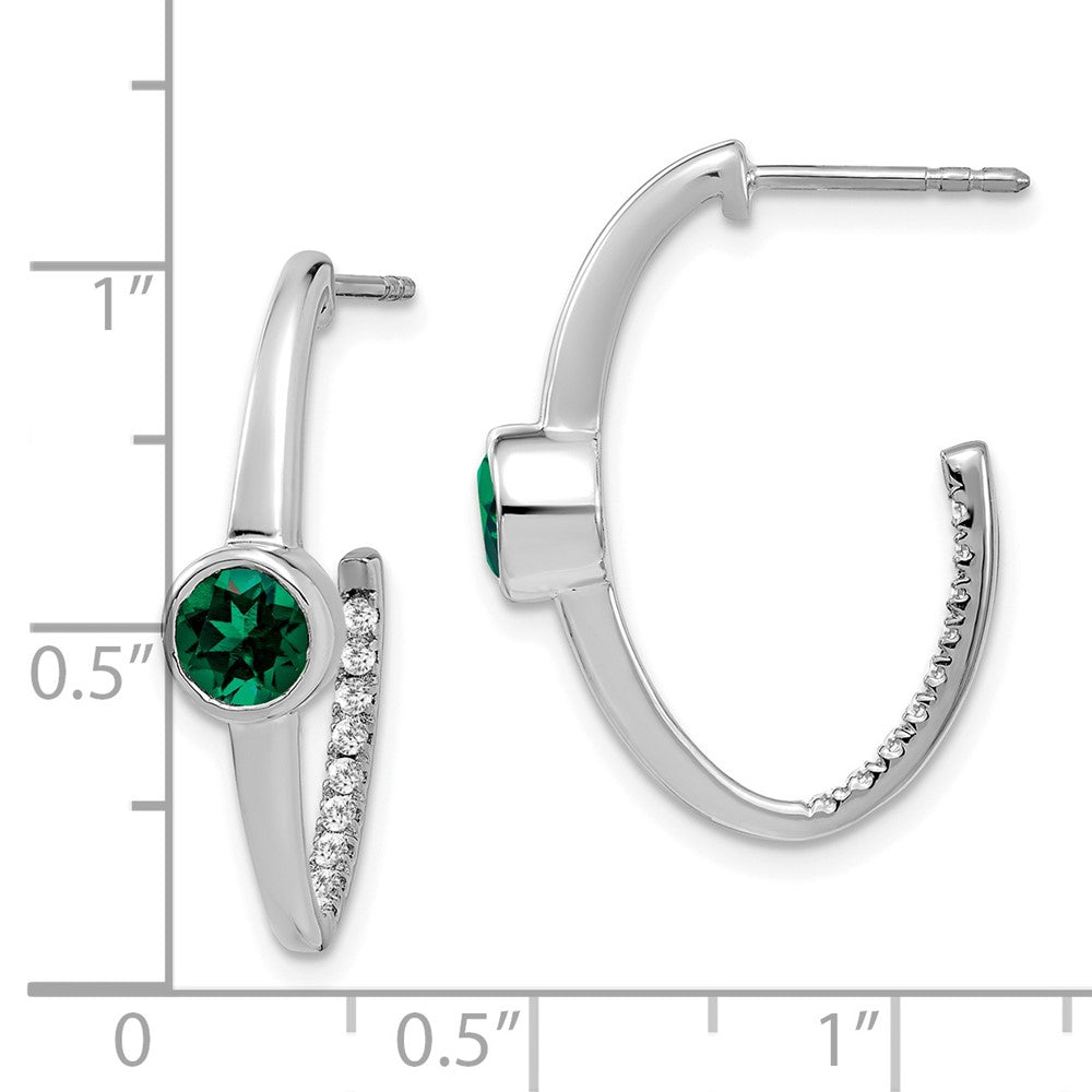 14k White Gold Created Emerald and Real Diamond J-Hoop Earrings