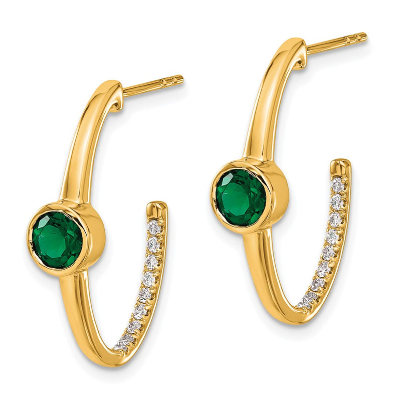 14k Yellow Gold Created Emerald and Real Diamond J-Hoop Earrings
