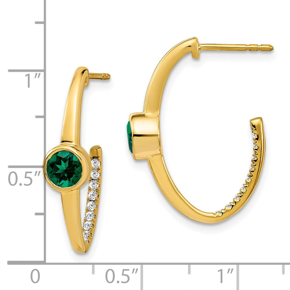 14k Yellow Gold Created Emerald and Real Diamond J-Hoop Earrings