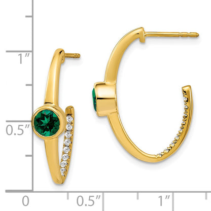 14k Yellow Gold Created Emerald and Real Diamond J-Hoop Earrings