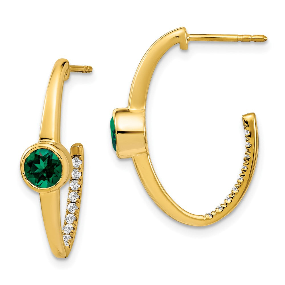 14k Yellow Gold Created Emerald and Real Diamond J-Hoop Earrings EM7213-EM-018-YA