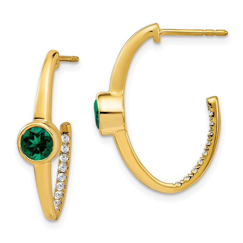14k Yellow Gold Created Emerald and Real Diamond J-Hoop Earrings