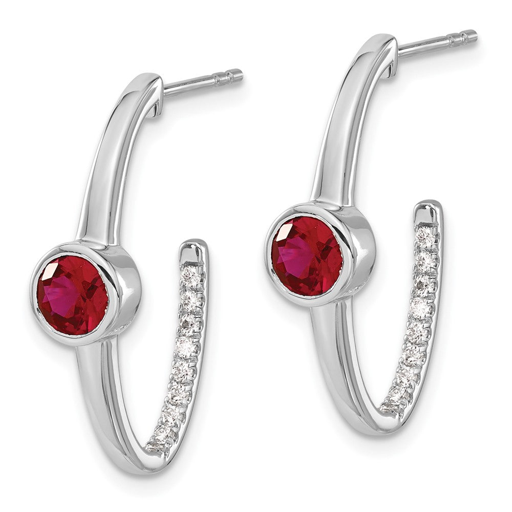 14k White Gold Created Ruby and Real Diamond J-Hoop Earrings
