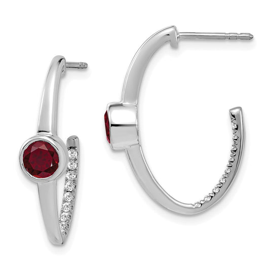 14k White Gold Created Ruby and Real Diamond J-Hoop Earrings