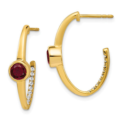 14k Yellow Gold Created Ruby and Real Diamond J-Hoop Earrings