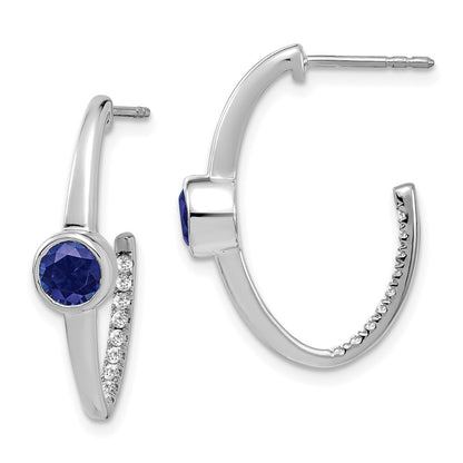 14k White Gold Created Sapphire and Real Diamond J-Hoop Earrings EM7213-SA-018-WA