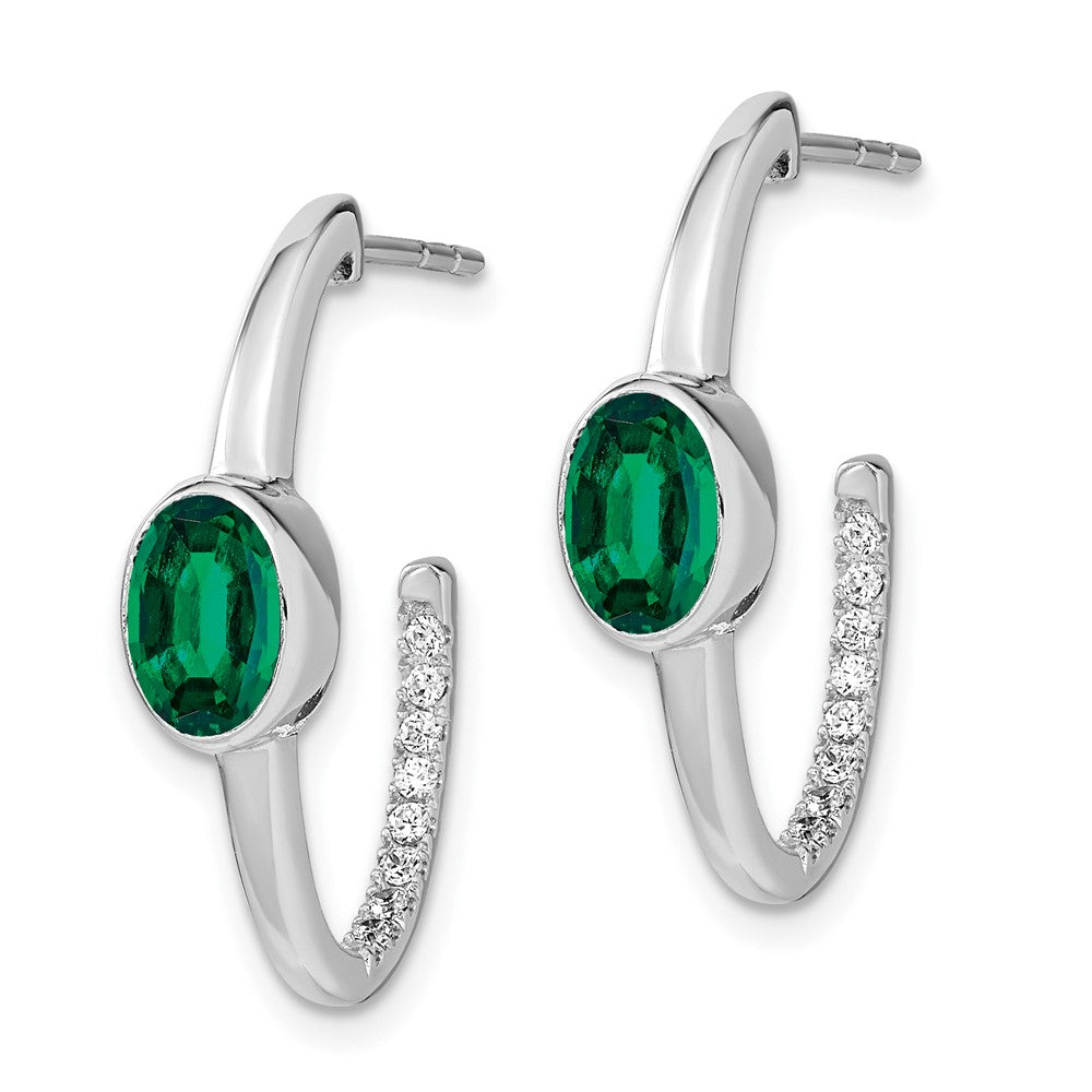 14k White Gold Oval Created Emerald and Real Diamond J-Hoop Earrings