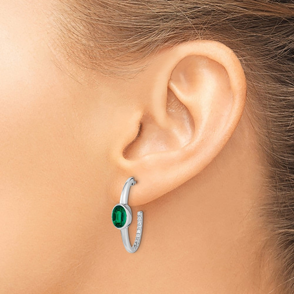 14k White Gold Oval Created Emerald and Real Diamond J-Hoop Earrings
