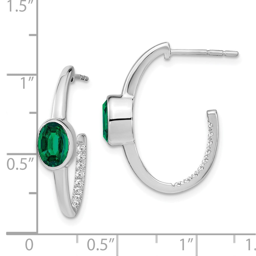 14k White Gold Oval Created Emerald and Real Diamond J-Hoop Earrings