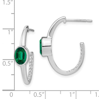 14k White Gold Oval Created Emerald and Real Diamond J-Hoop Earrings