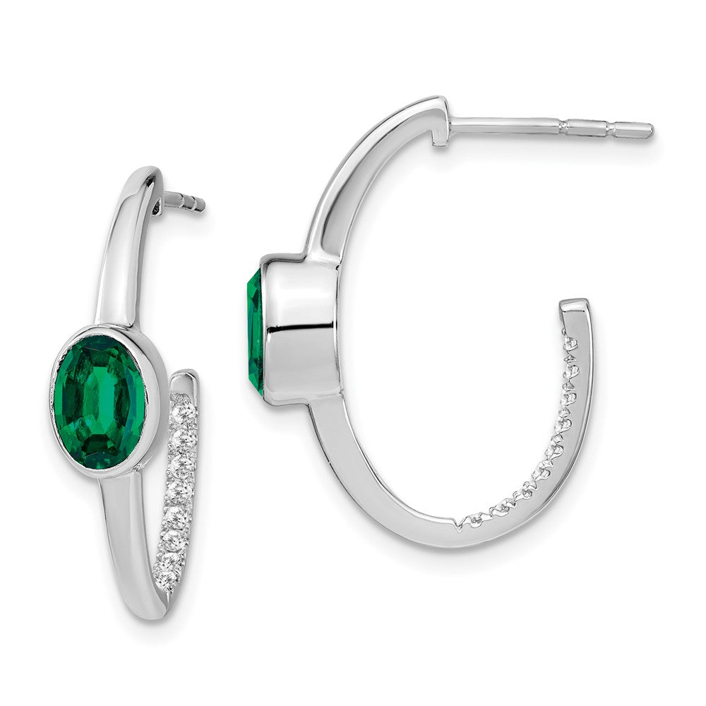 14k White Gold Oval Created Emerald and Real Diamond J-Hoop Earrings EM7214-EM-018-WA