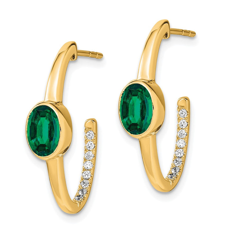 14k Yellow Gold Oval Created Emerald and Real Diamond J-Hoop Earrings