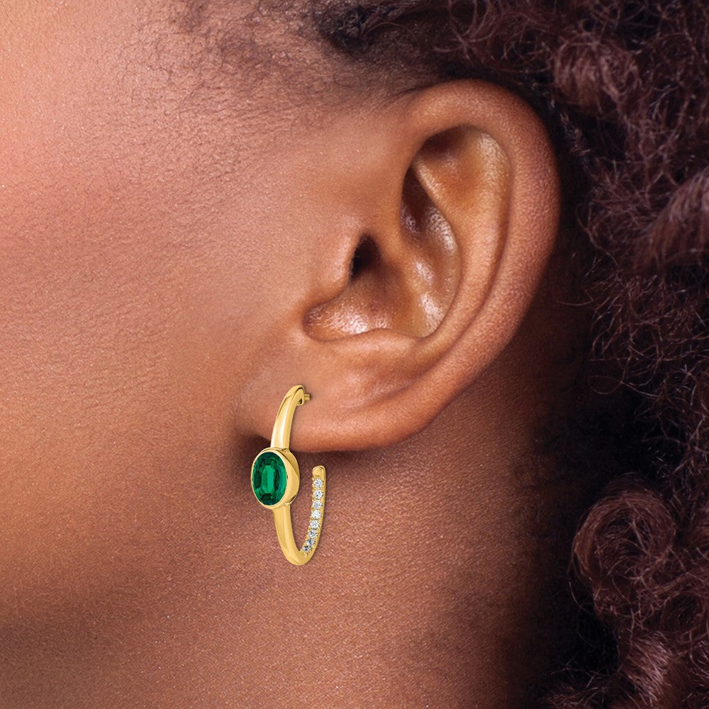 14k Yellow Gold Oval Created Emerald and Real Diamond J-Hoop Earrings
