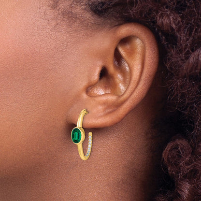 14k Yellow Gold Oval Created Emerald and Real Diamond J-Hoop Earrings