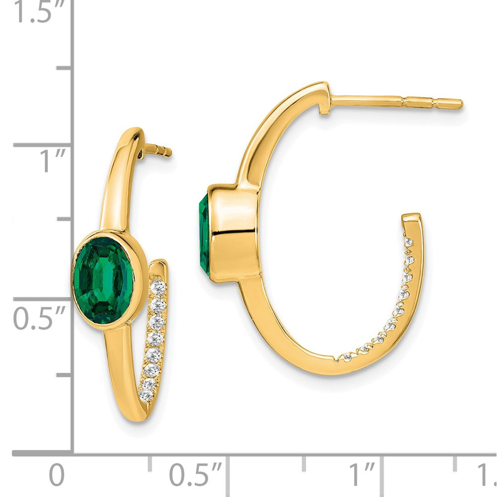 14k Yellow Gold Oval Created Emerald and Real Diamond J-Hoop Earrings