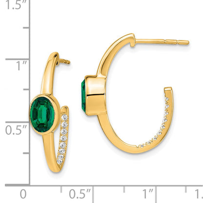 14k Yellow Gold Oval Created Emerald and Real Diamond J-Hoop Earrings