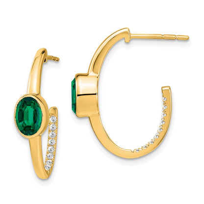 14k Yellow Gold Oval Created Emerald and Real Diamond J-Hoop Earrings EM7214-EM-018-YA