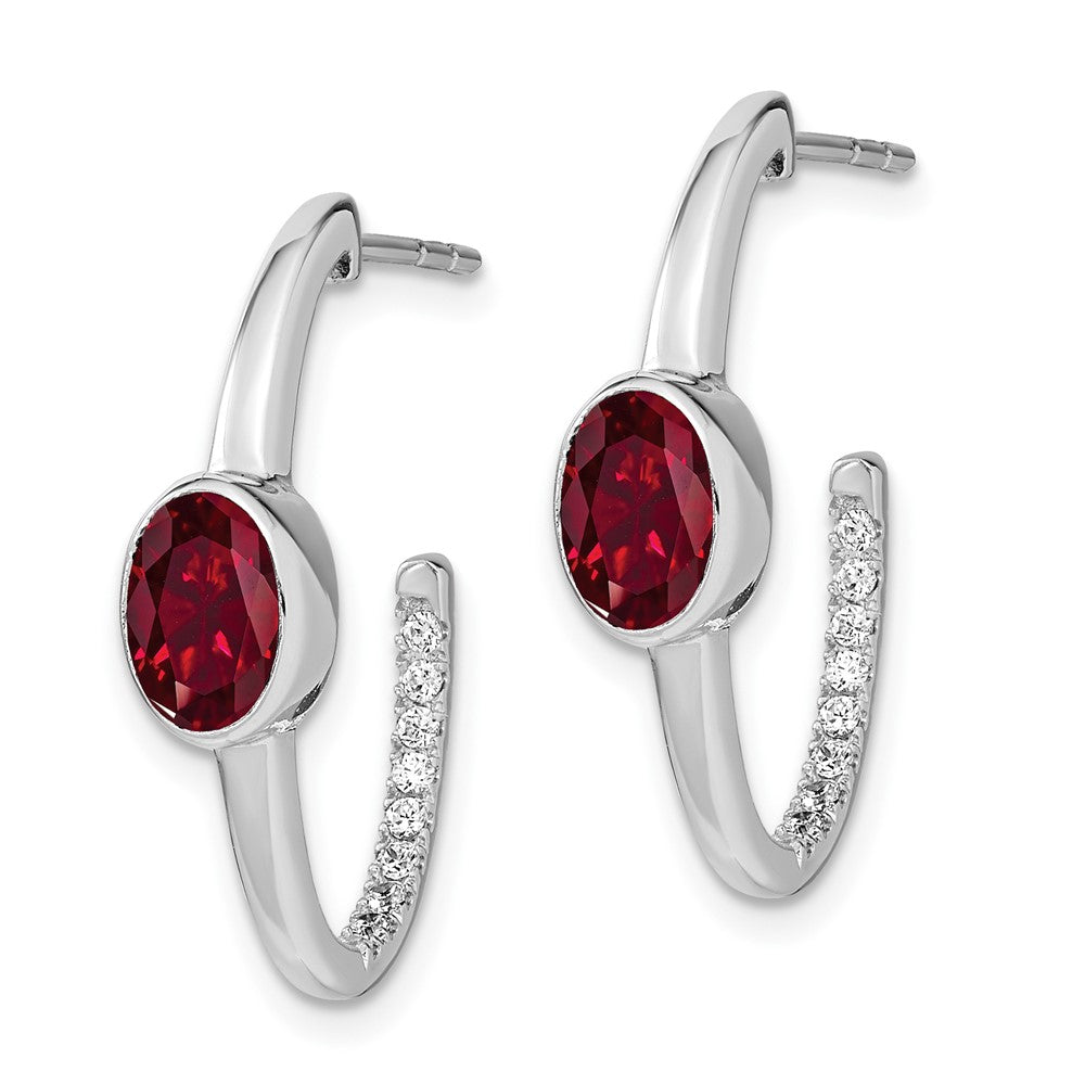 14k White Gold Oval Created Ruby and Real Diamond J-Hoop Earrings EM7214-RU-018-WA