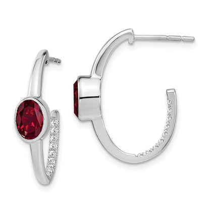 14k White Gold Oval Created Ruby and Real Diamond J-Hoop Earrings EM7214-RU-018-WA