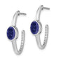 Solid 14k White Gold Oval Created Simulated Sapphire and CZ J-Hoop Earrings
