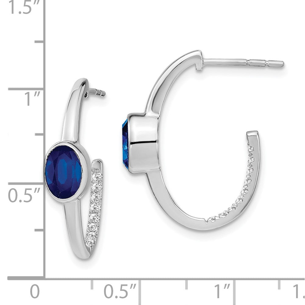 14k White Gold Oval Created Sapphire and Real Diamond J-Hoop Earrings EM7214-SA-018-WA