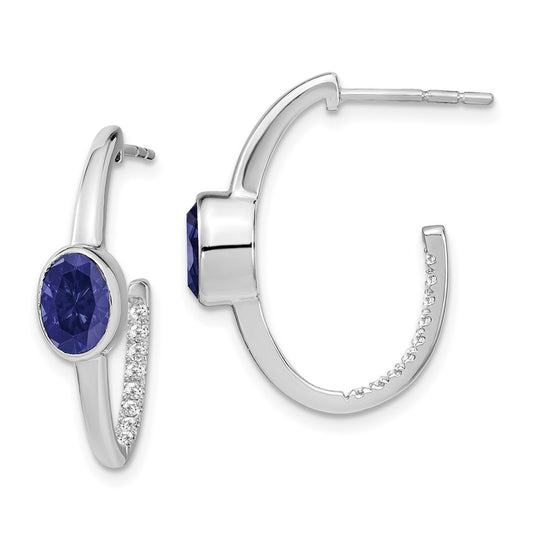 Solid 14k White Gold Oval Created Simulated Sapphire and CZ J-Hoop Earrings