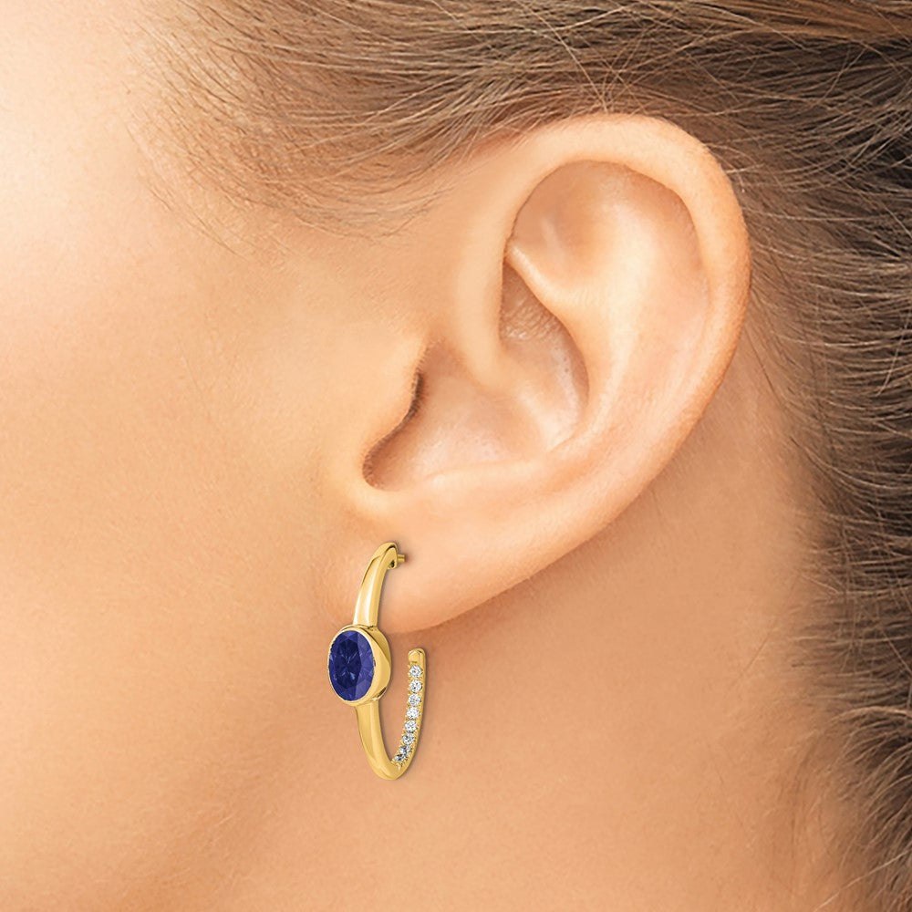 Solid 14k Yellow Gold Oval Created Simulated Sapphire and CZ J-Hoop Earrings
