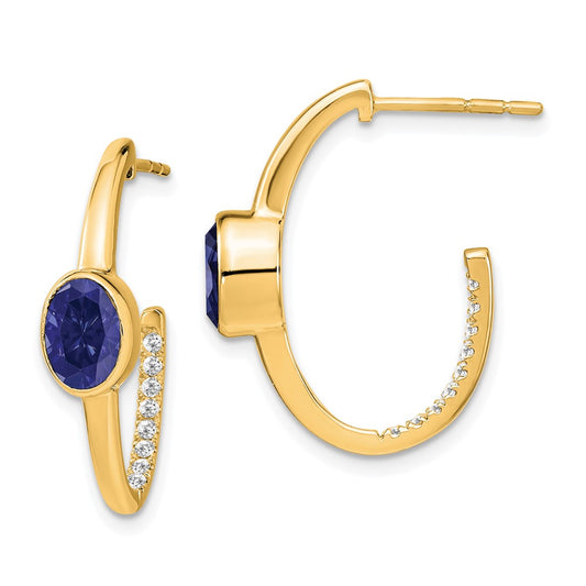 Solid 14k Yellow Gold Oval Created Simulated Sapphire and CZ J-Hoop Earrings
