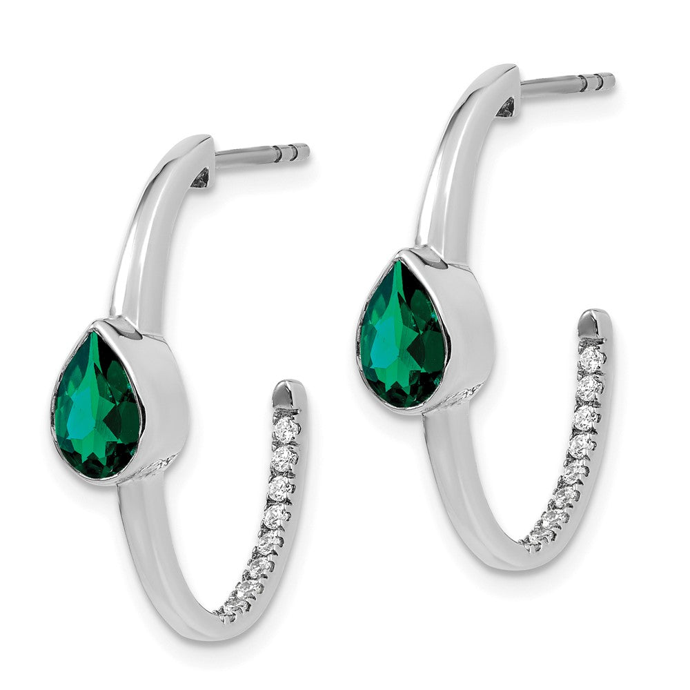 14k White Gold Pear Created Emerald and Real Diamond J-Hoop Earrings