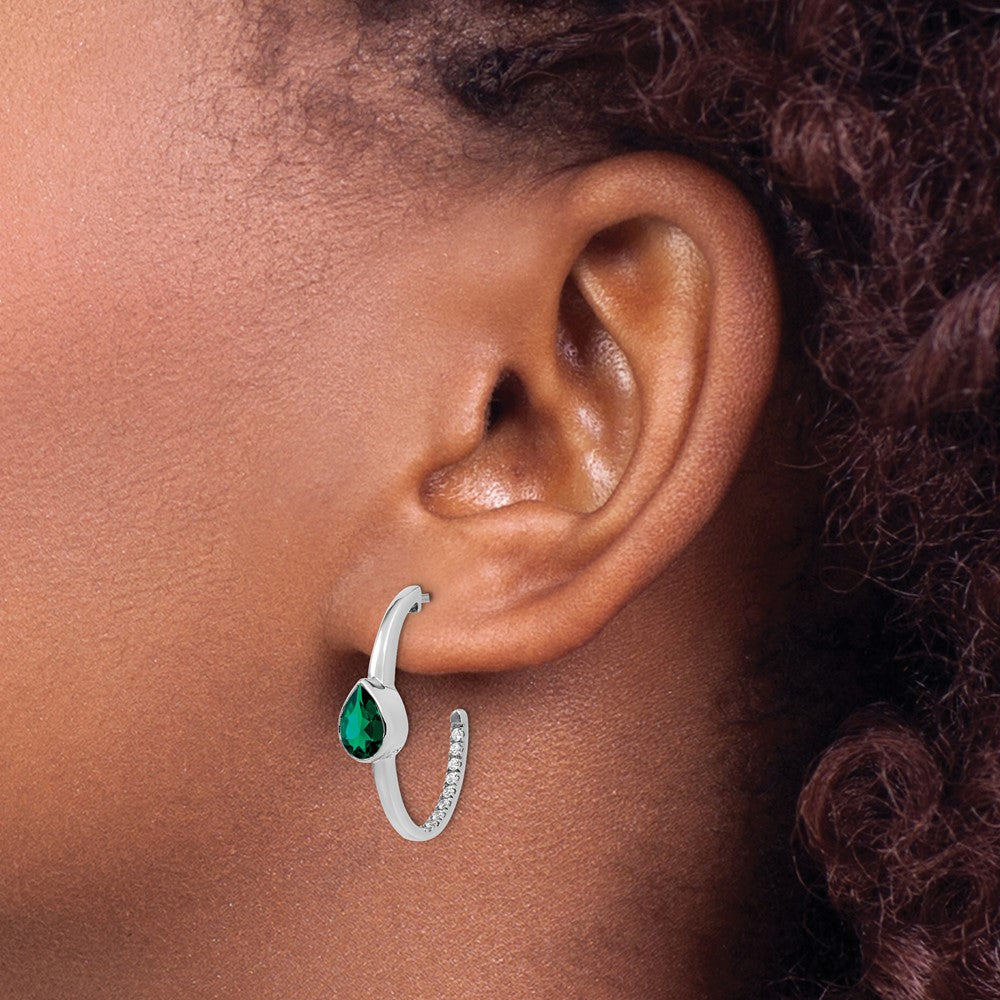 14k White Gold Pear Created Emerald and Real Diamond J-Hoop Earrings
