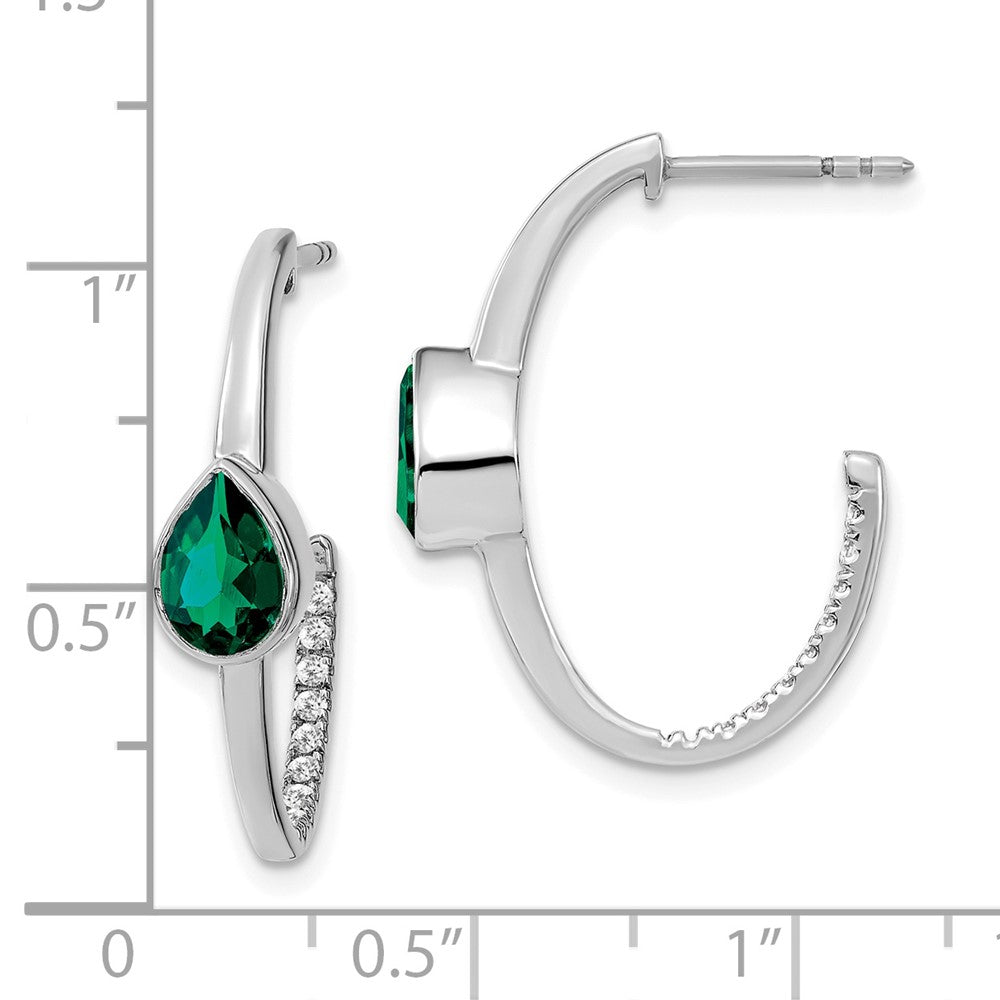 14k White Gold Pear Created Emerald and Real Diamond J-Hoop Earrings