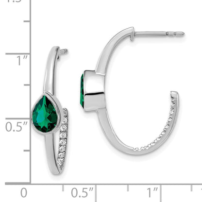 14k White Gold Pear Created Emerald and Real Diamond J-Hoop Earrings